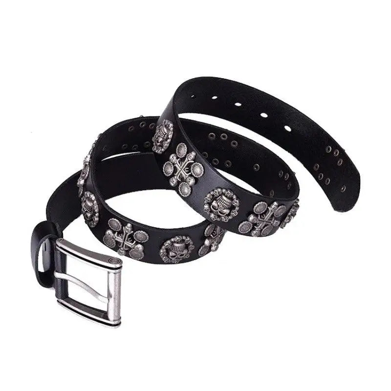 Kimo Belt with black leather and skull embellishments for a bold fashion statement
