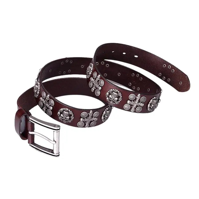Kimo Belt with Burgundy Leather and Skull Embellishments for a bold style