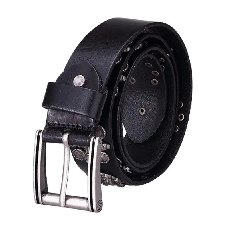 Kimo Belt with black leather, silver buckle, and decorative skull studs for bold style