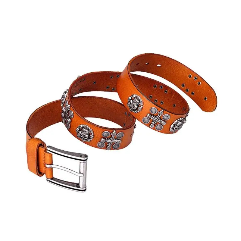 Kimo Belt with orange leather and silver skull embellishments for a bold look