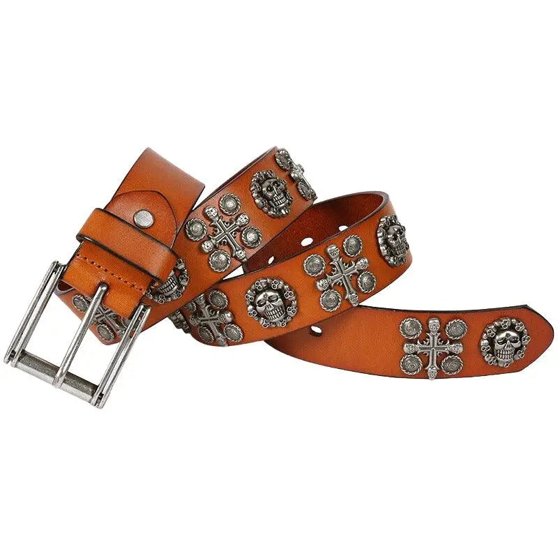 Kimo Belt with brown leather and skull embellishments for a bold fashion statement