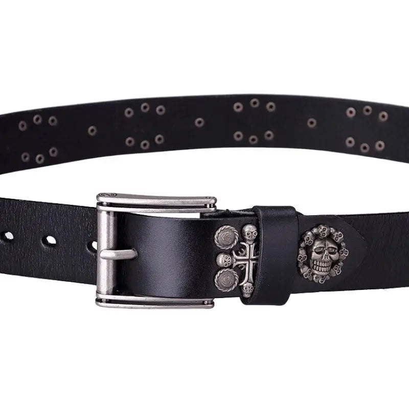 Kimo Belt with black leather and skull embellishments for a bold fashion statement
