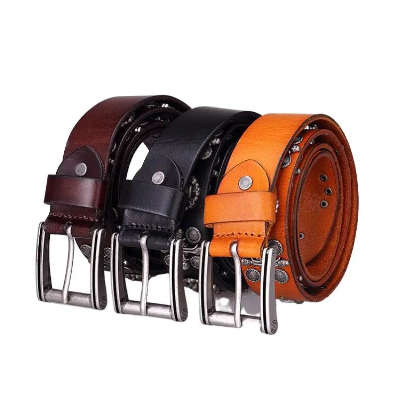Kimo Belt with rolled leather and metal buckle showcasing skull embellishments for a bold look