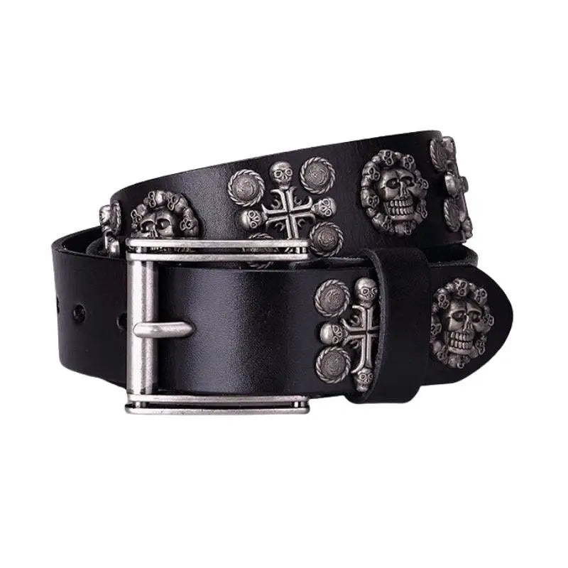 Kimo Belt with black leather and skull cross embellishments for a bold style