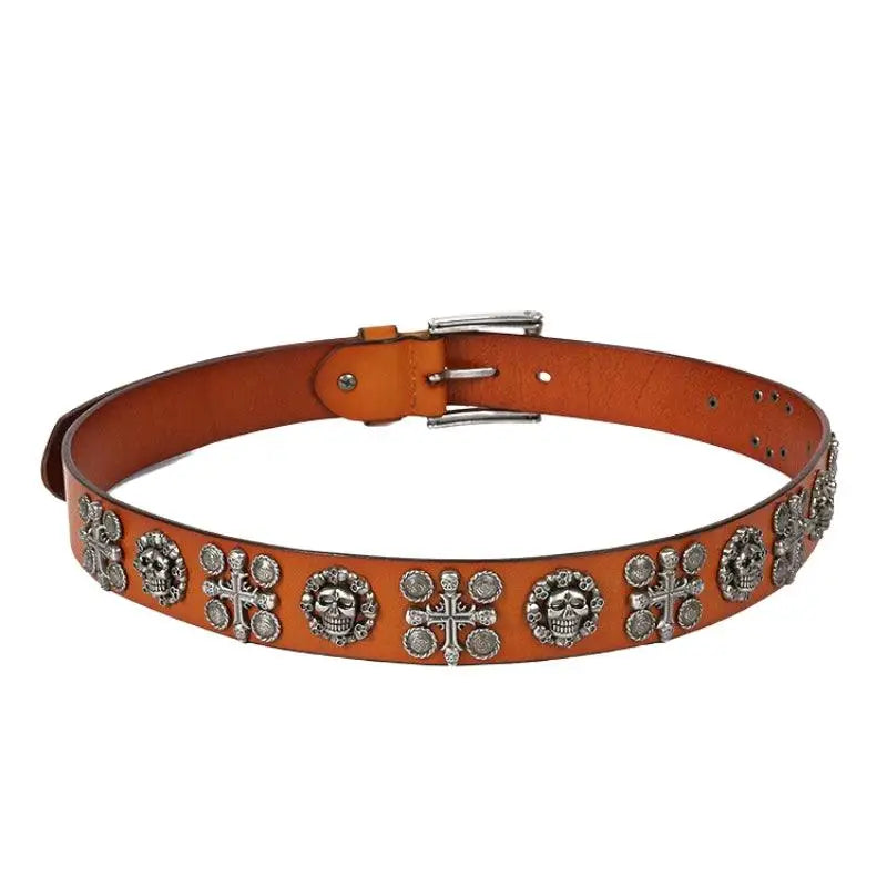 Kimo Belt with brown leather and skull embellishments for a bold fashion statement