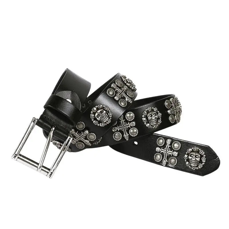 Kimo Belt with black leather and skull embellishments for a bold style