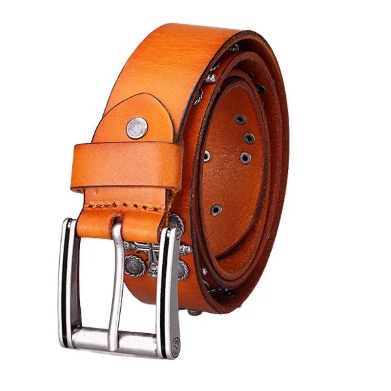 Orange leather kimo belt with silver buckle and skull embellishments for a bold look
