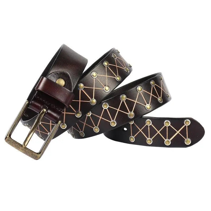 Jora Belt Collection featuring brown leather belt with metal studs for stylish accessory