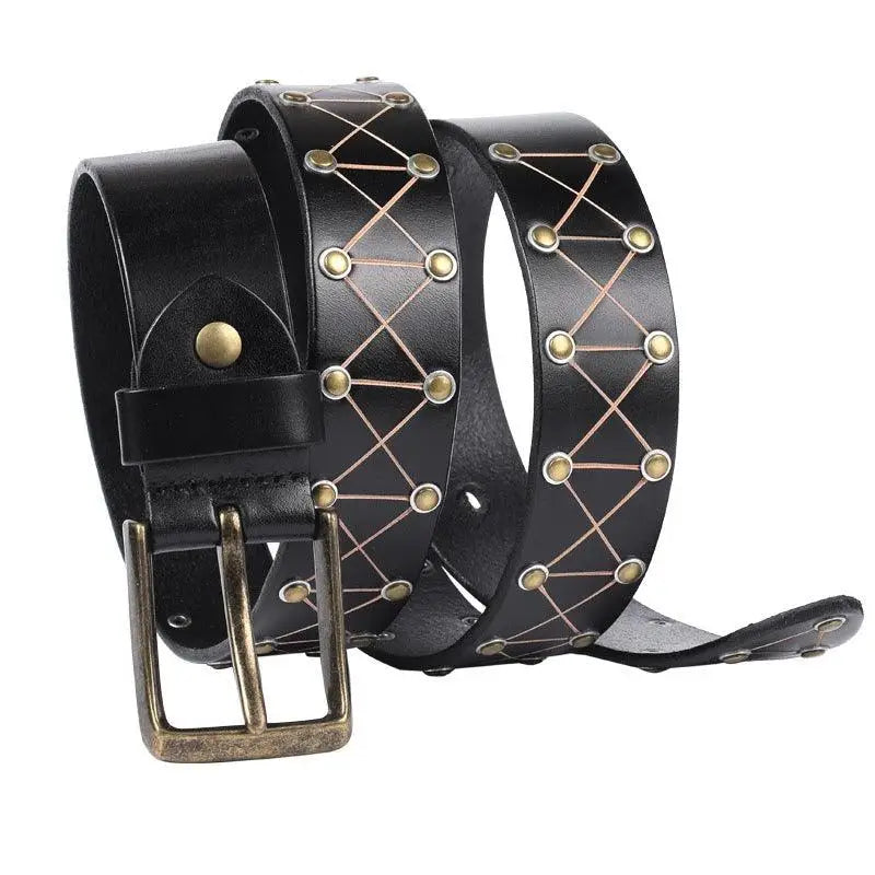 Black leather jora belt with metal accents from the Jora Belt Collection