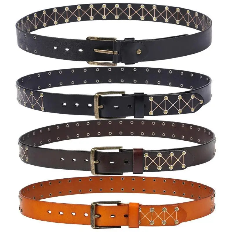 Four leather belts from the Jora Belt Collection featuring leather and metal accents