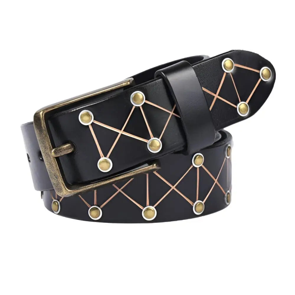 Black leather Jora Belt with geometric stud design from the Jora Belt Collection
