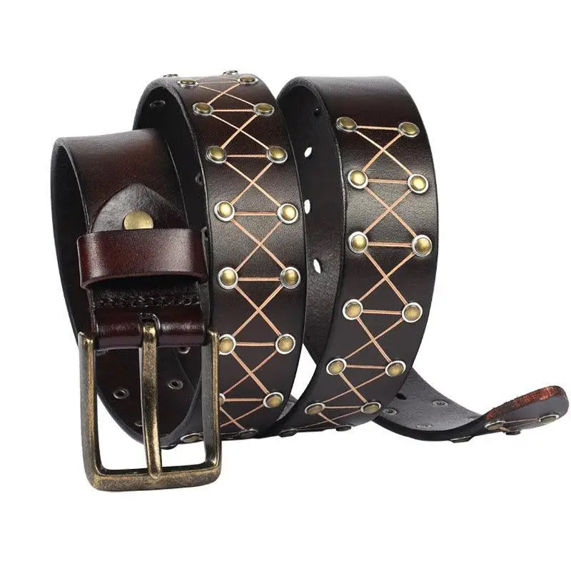 Jora Belt Collection featuring a brown leather belt with stylish metal accents