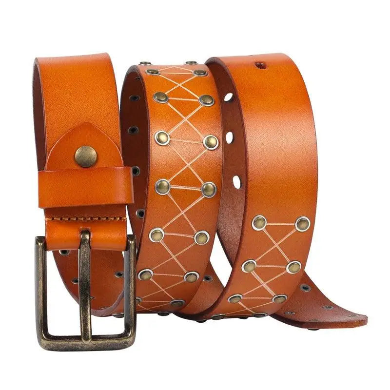 Jora Belt Collection featuring a brown leather belt with stylish metal accents
