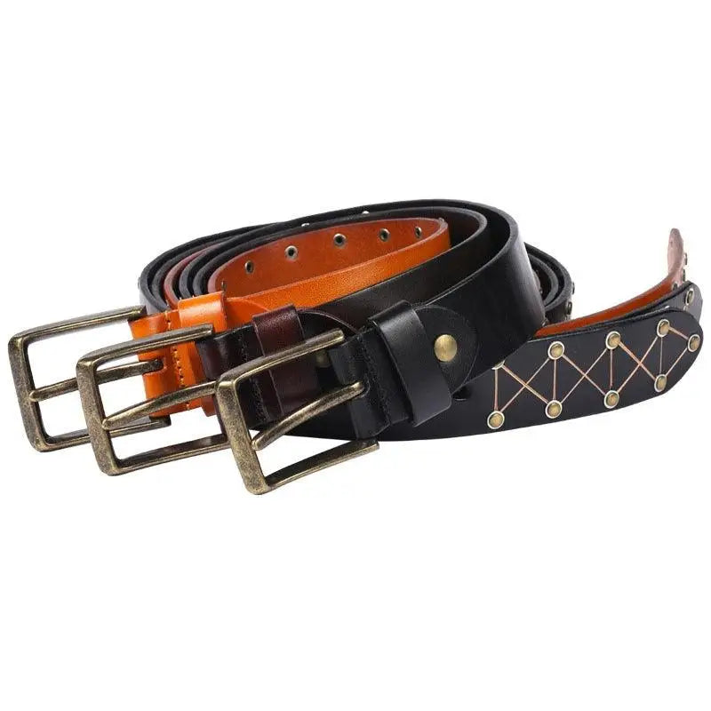 Jora Belt Collection featuring three leather belts with metal buckles and accents