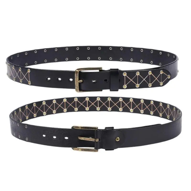 Jora Belt Collection featuring two black studded leather belts with metal accents