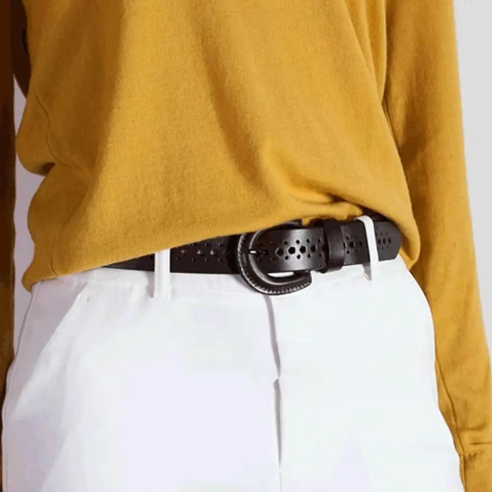 Mia Belt with circular cutouts and decorative perforations in brown leather