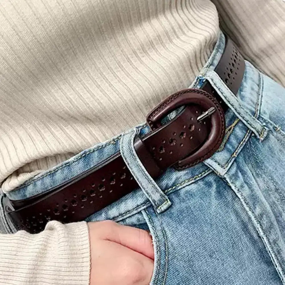 Mia Belt with circular cutouts and decorative perforations in brown leather