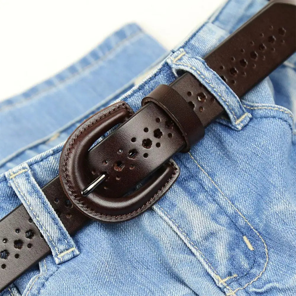 Brown leather Mia Belt with floral cutouts and decorative perforations