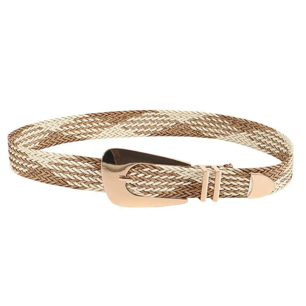 Hezo Belt collection featuring braided beige and brown woven belt with gold buckle
