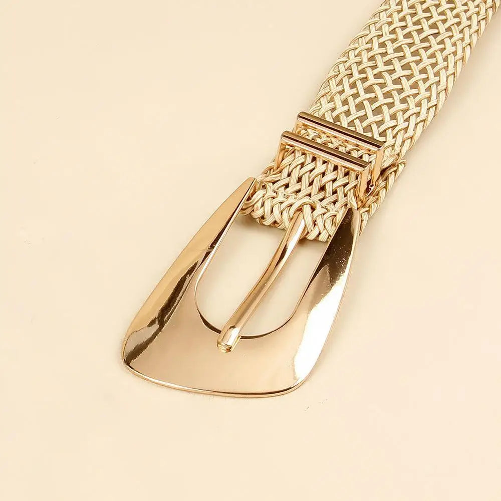 Gold woven hezo belt with shiny buckle from Hezo Belt Collection in neutral tones