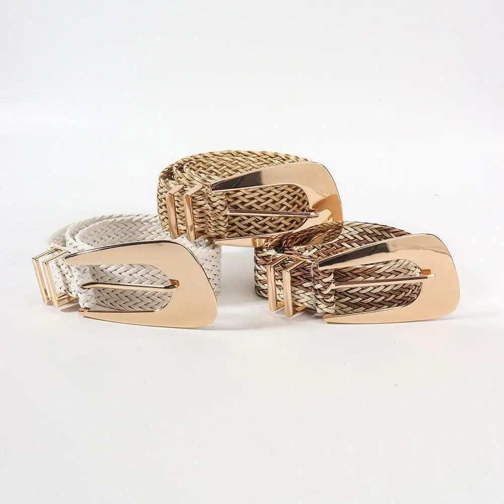 Hezo Belt collection featuring braided belts with gold buckles in neutral tones