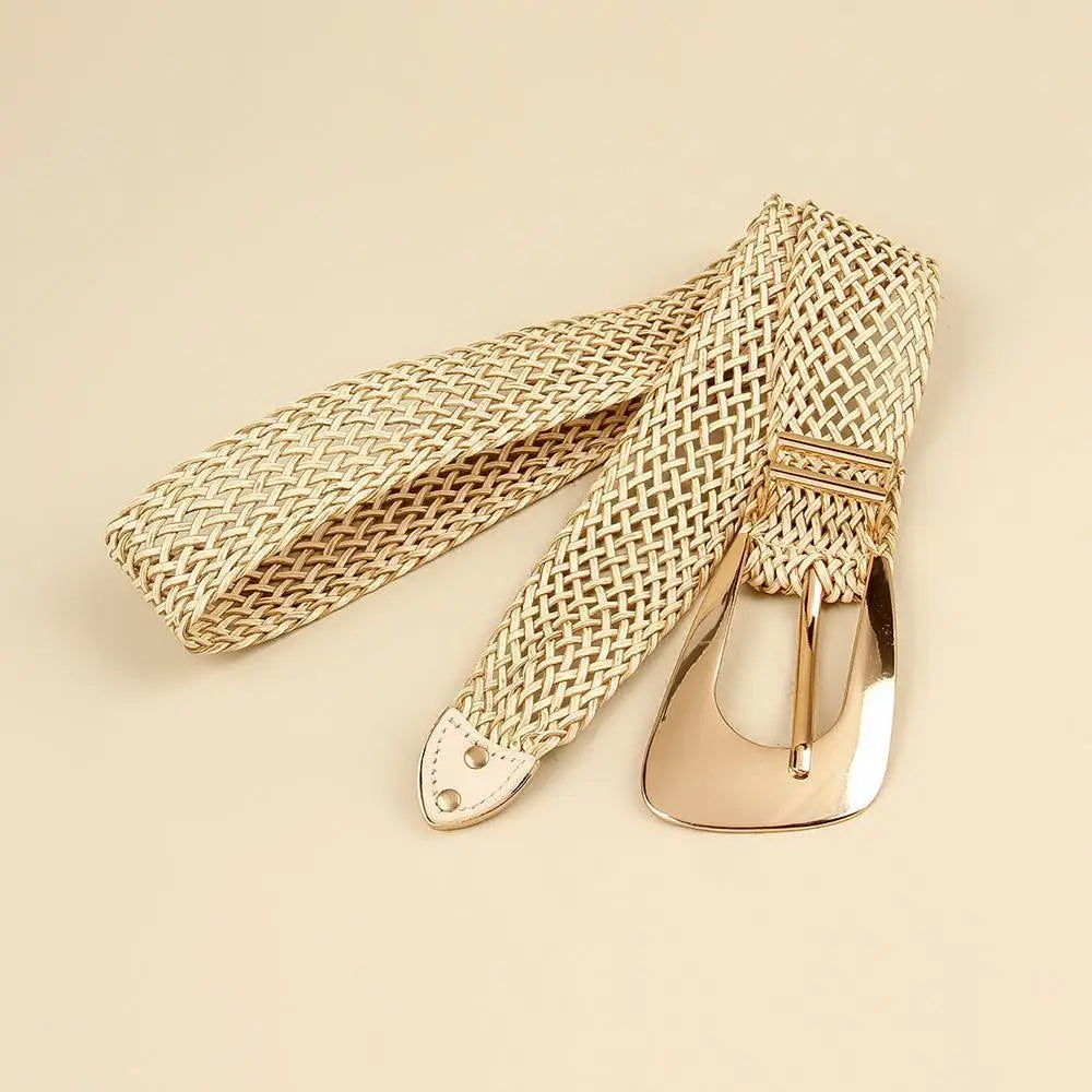 Woven beige Hezo Belt with gold buckle from the Hezo Belt Collection in neutral tones
