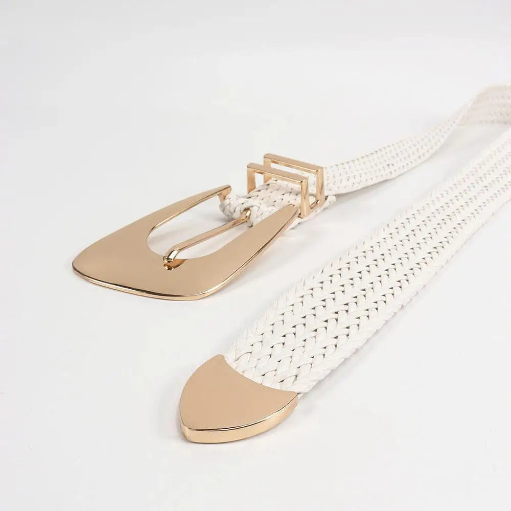 Hezo belt featuring a braided white design with a gold buckle and tip for elegant style