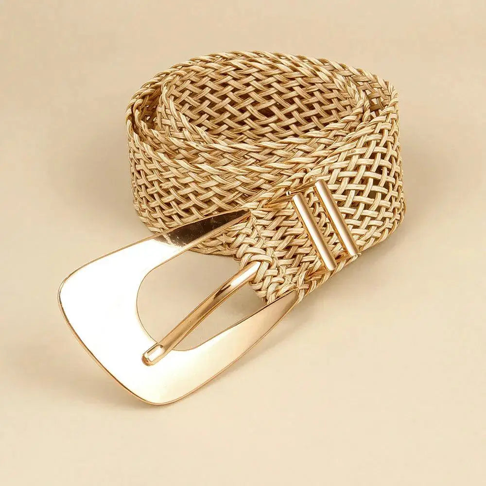 Woven straw hezo belt with gold buckle from Hezo Belt Collection in neutral tones