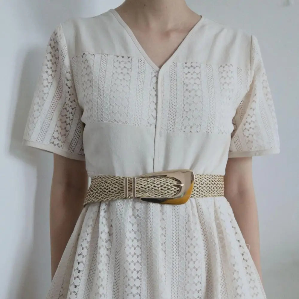 Beige lace dress with gold Hezo Belt from Hezo Belt Collection in neutral tones