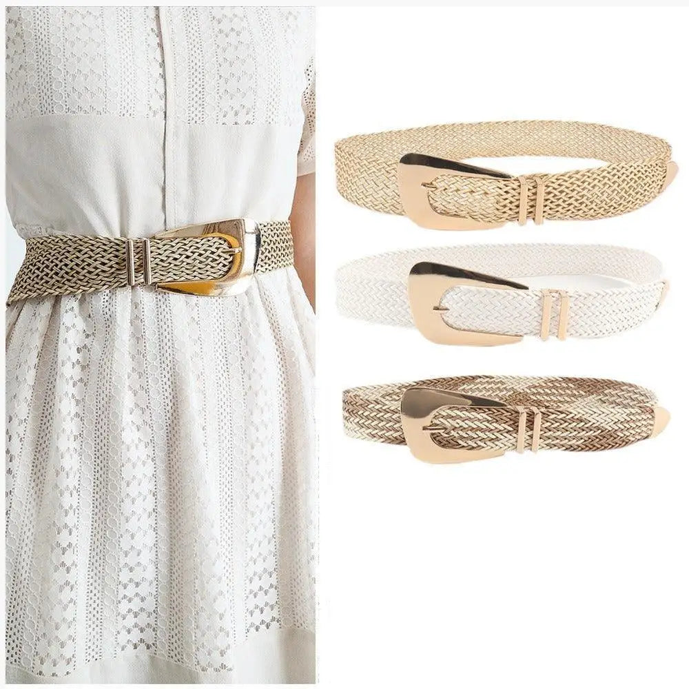 Hezo belt from the collection featuring woven elastic belts with gold-tone buckles