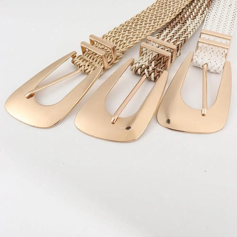 Hezo Belt collection featuring three braided belts with gold buckles in neutral tones