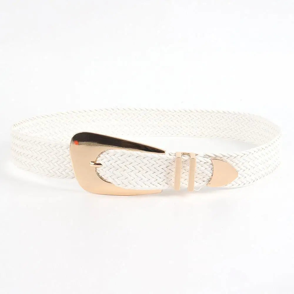 White woven belt with gold buckle from Hezo Belt Collection in neutral tones