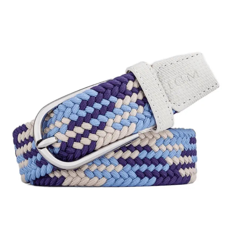 Adelina Belt with braided elastic, silver buckle, and white leather accents for stylish denim shorts