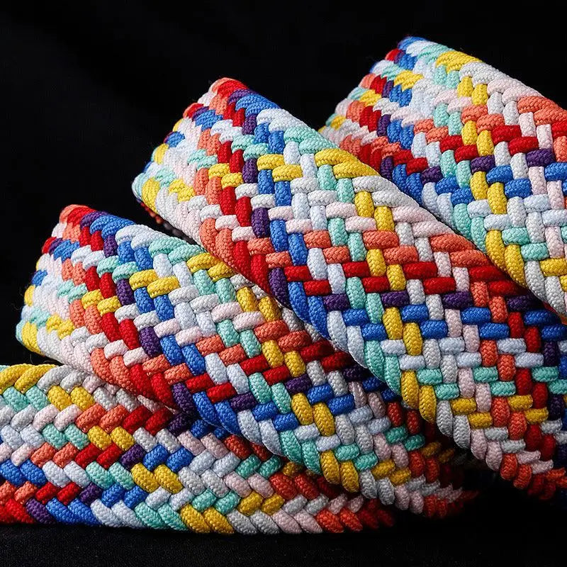 Colorful woven braided belt with white leather accents for stylish accessories