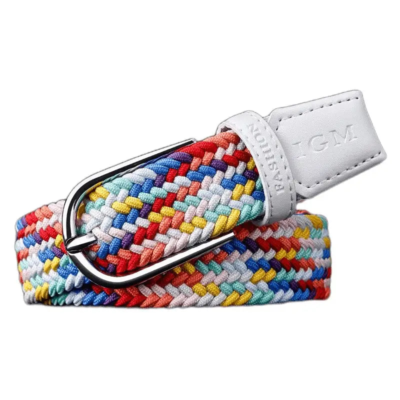 Colorful braided belt with white leather accents suitable for stylish outfits