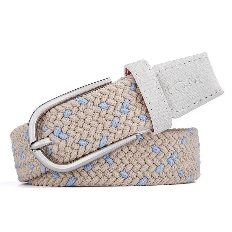 Braided beige and blue fedora belt with white leather accents for women’s denim shorts