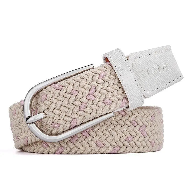 Braided beige fedora belt with silver buckle for women paired with denim shorts