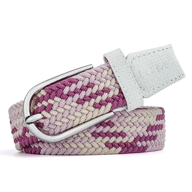 Elegant braided belt in pink and beige with silver buckle for casual denim outfits