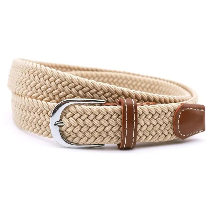 Braided beige elastic belt with brown leather accents and a silver buckle for stylish wear