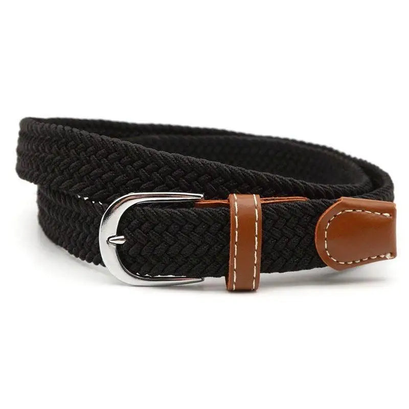 Braided black elastic belt with brown leather accents and silver buckle for men or women