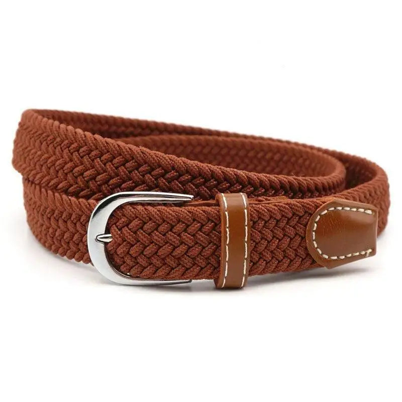 Braided brown elastic belt with leather accents and silver buckle for men and women
