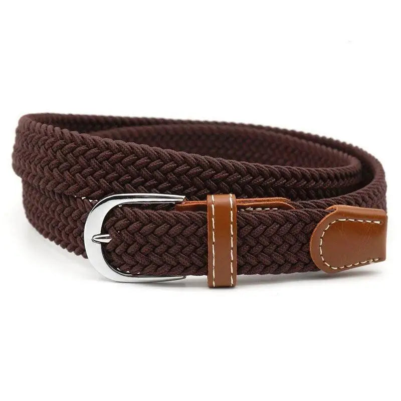 Braided brown elastic belt with leather accents and silver buckle for stylish wear