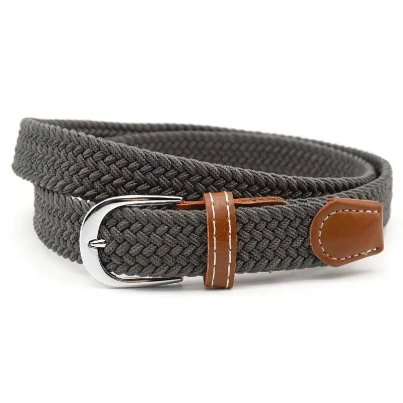 Braided gray elastic belt with brown leather accents and silver buckle for men’s fashion