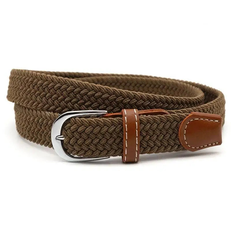 Braided brown elastic belt with leather accents and silver buckle for stylish wear