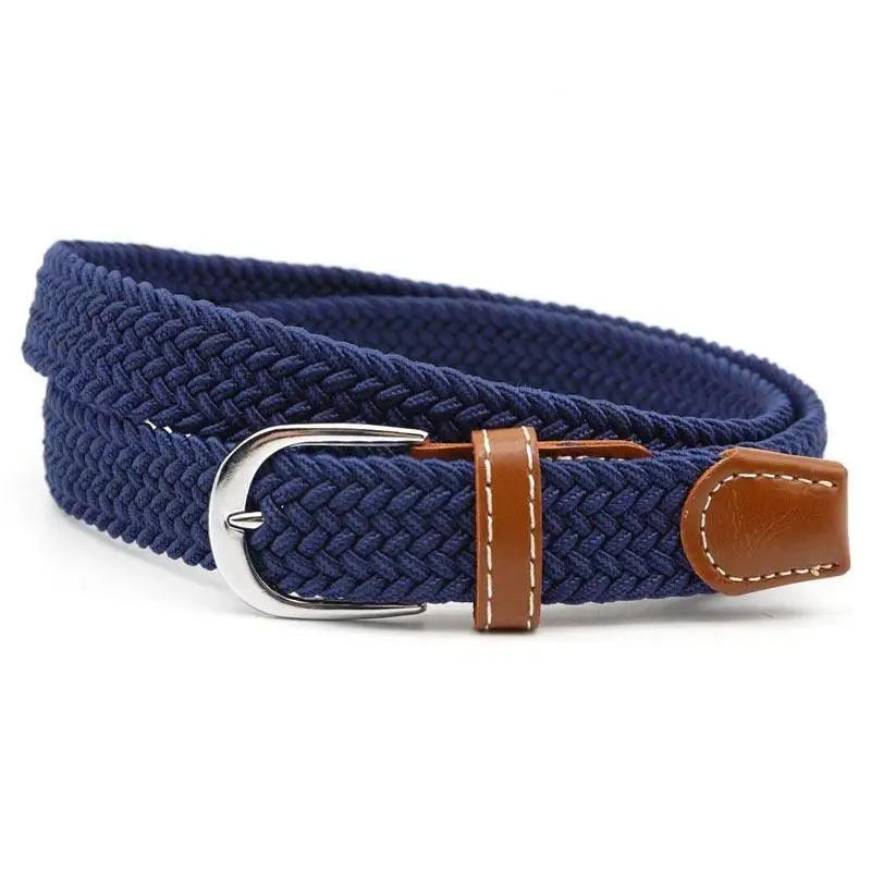 Braided navy blue elastic belt with brown leather accents and silver buckle for stylish wear