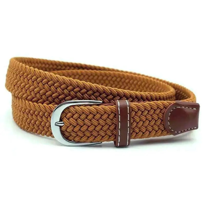 Braided brown elastic belt with leather details and silver buckle for men’s fashion