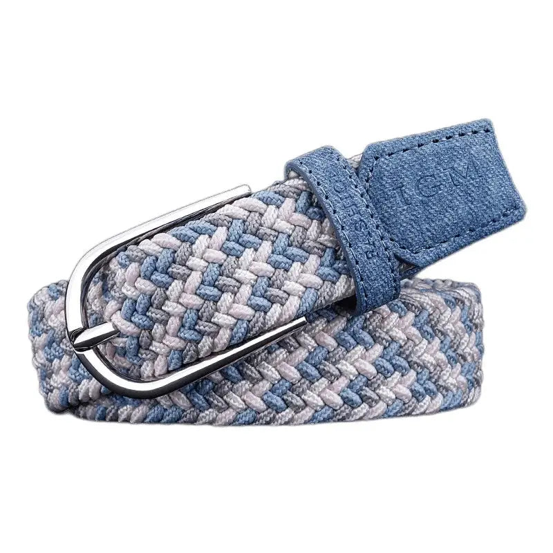 Silvana Women’s Elastic Braided Belt with Blue and White Pattern and Silver Buckle