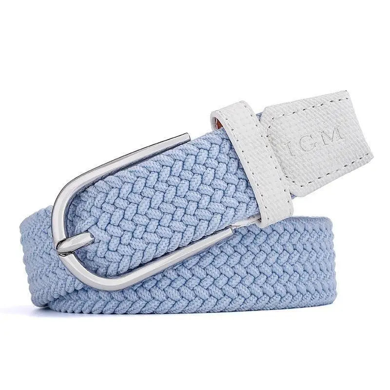 Elegant Telica Belt with braided light blue design and white leather accents