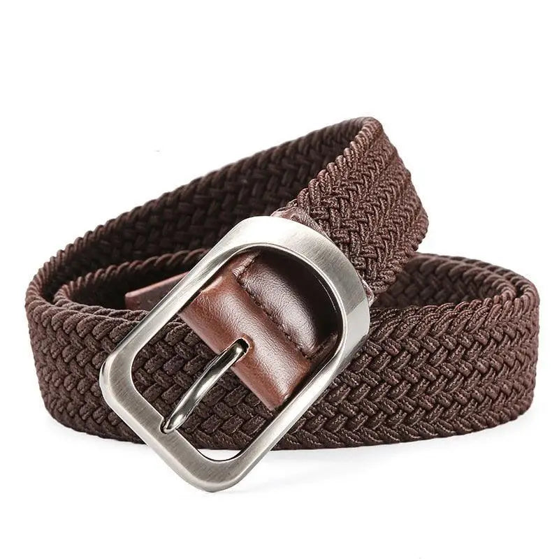 Braided brown elastic belt with silver metal buckle, part of a set of four