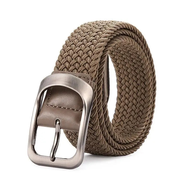 Braided brown belt with silver buckle featured in a set of four elastic belts